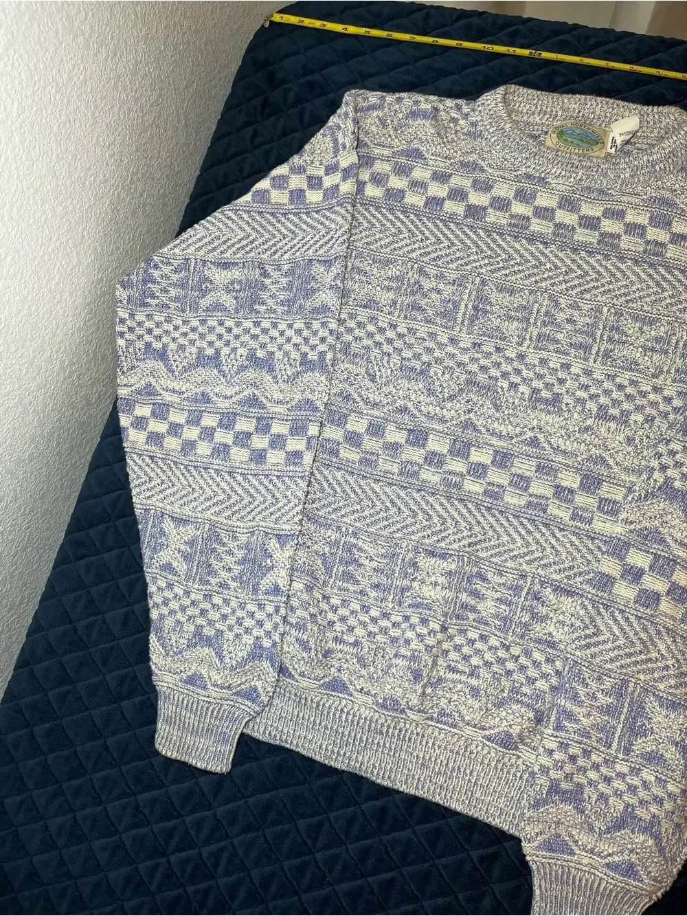 Vintage Men's Patterned Crewneck Sweater - Blue & White - 100% Cotton